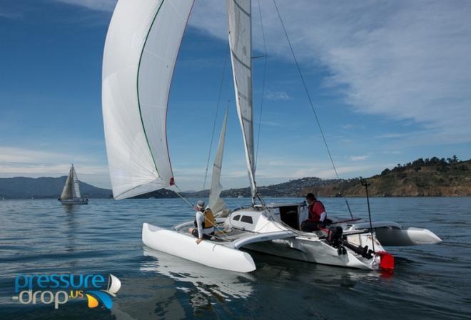Caught Bobby and Chris on Mojo sailing faster the apparent wind, but would there be enuf time - 2015 Rites of Spring © Pressure Drop . US